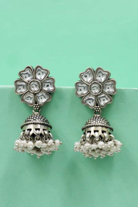 Sangeeta Boochra White Pearls, Zari Handcrafted Floral Silver Jhumka Earrings 
