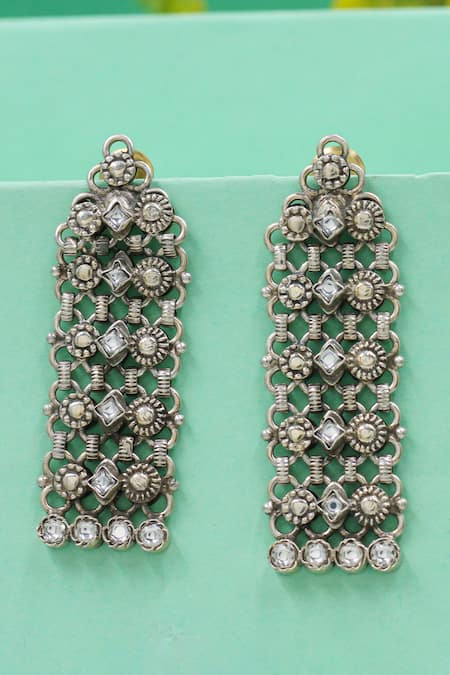 Sangeeta Boochra Silver Plated Stones, Crystals Handcrafted Antique Long Earrings 