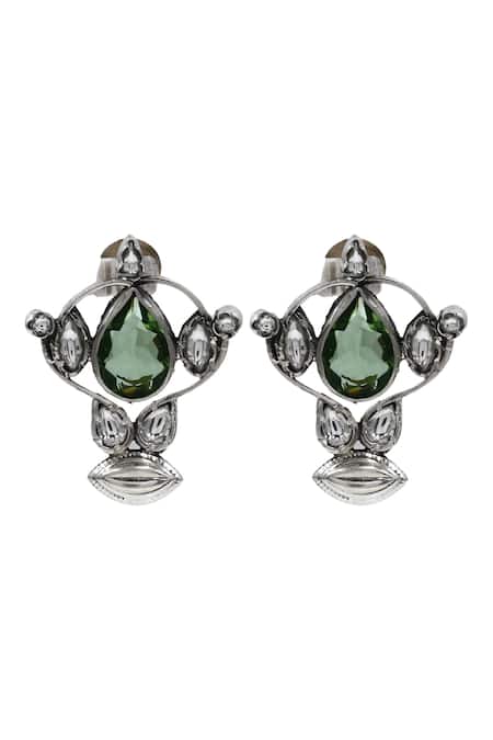 Sangeeta Boochra Heritage Green Teardrop Silver Earrings 
