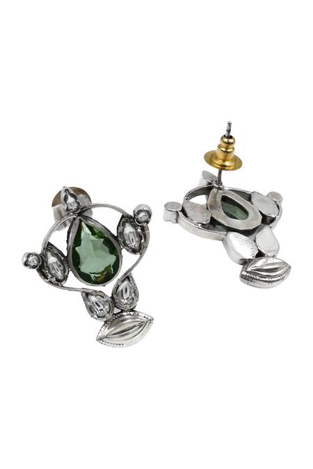 Sangeeta Boochra_Green Stones, Heritage Teardrop Silver Earrings _Online_at_Aza_Fashions