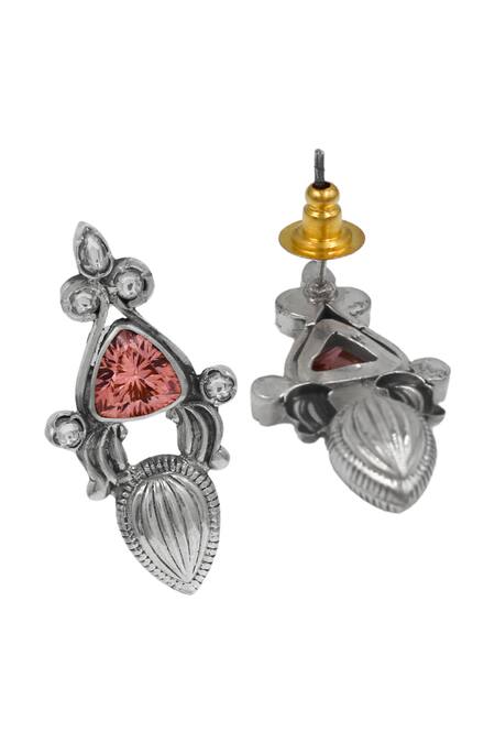 Sangeeta Boochra_Pink Stones, Crystals Heritage Silver Earrings _Online_at_Aza_Fashions