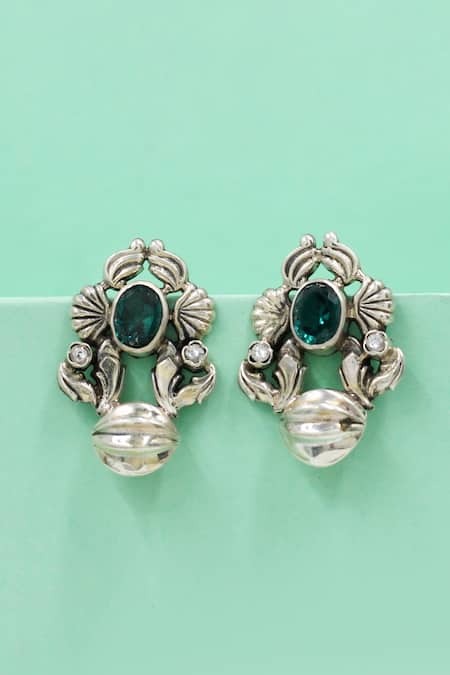 Sangeeta Boochra Green Stones, Vintage Floral Motif Sterling Silver Earrings 