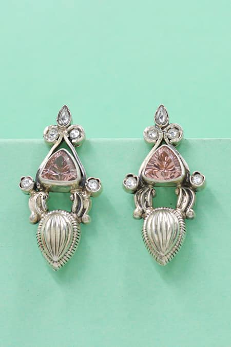 Sangeeta Boochra Pink Stones, Crystals Heritage Silver Earrings 
