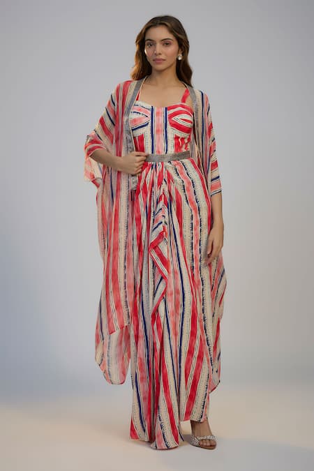 Nadima Saqib Ivory Crepe Sequins Sweetheart Neck Stripe Print Cape And Draped Skirt Set