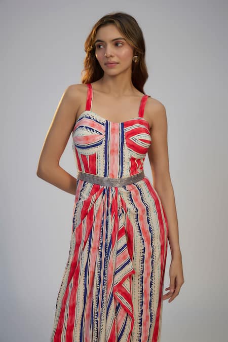 Buy Nadima Saqib Ivory Crepe Sequins Sweetheart Neck Stripe Print Cape And Draped Skirt Set Buy_Nadima Saqib_Ivory Crepe Sequins Sweetheart Neck Stripe Print Cape And Draped Skirt Set