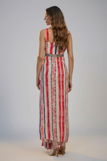 Shop Nadima Saqib Ivory Crepe Sequins Sweetheart Neck Stripe Print Cape And Draped Skirt Set Shop_Nadima Saqib_Ivory Crepe Sequins Sweetheart Neck Stripe Print Cape And Draped Skirt Set