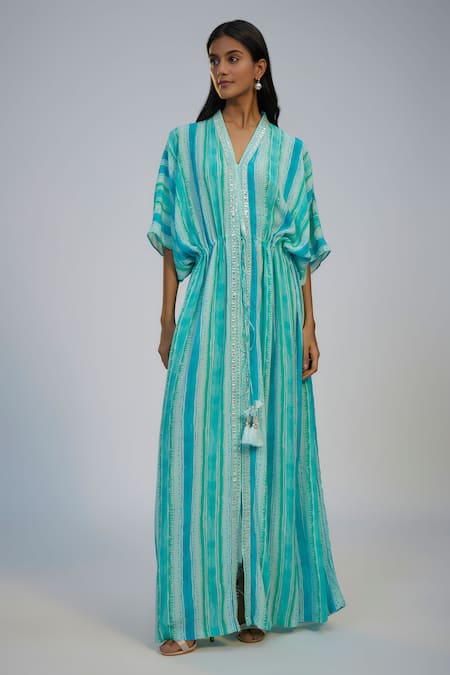 Nadima Saqib Blue Cotton Sequins, Beads V-neck Stripe Print Kaftan With Pant 