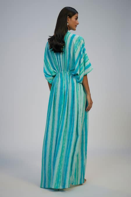 Shop_Nadima Saqib_Blue Cotton Sequins, Beads V-neck Stripe Print Kaftan With Pant _at_Aza_Fashions
