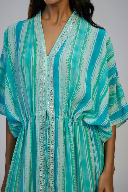 Nadima Saqib_Blue Cotton Sequins, Beads V-neck Stripe Print Kaftan With Pant _Online_at_Aza_Fashions
