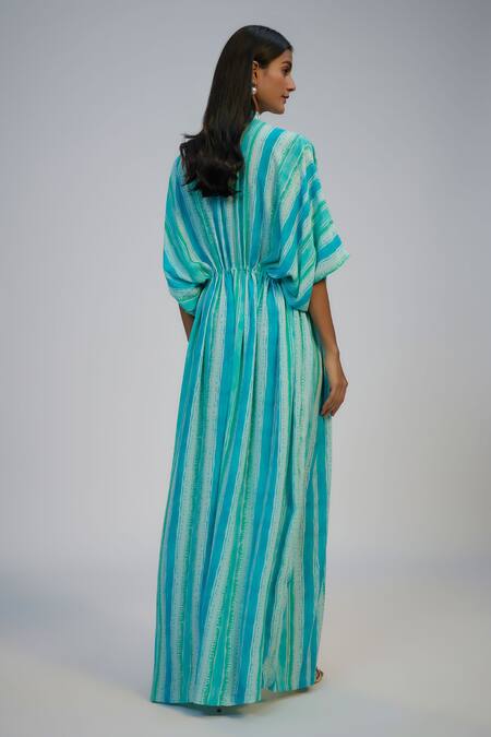 Buy_Nadima Saqib_Blue Cotton Sequins, Beads V-neck Stripe Print Kaftan With Pant _Online_at_Aza_Fashions