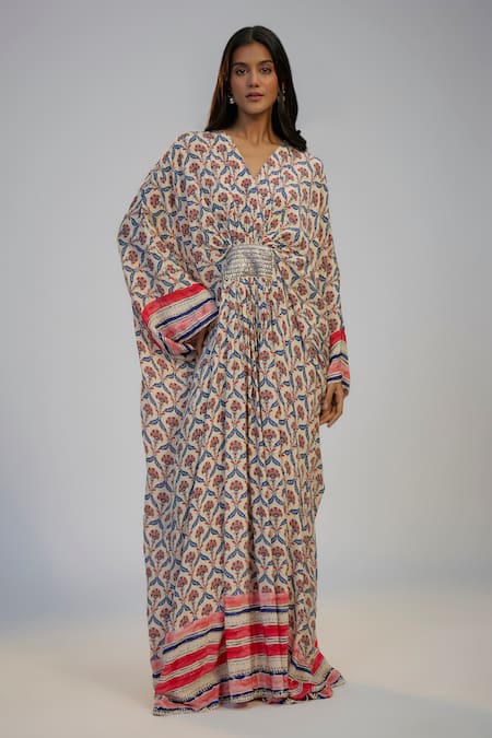 Nadima Saqib Ivory Crepe Sequins V-neck Work Printed Kaftan 