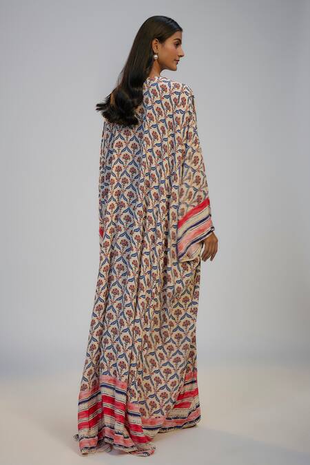 Shop Nadima Saqib Ivory Crepe Sequins V-neck Work Printed Kaftan at Aza Fashions Shop_Nadima Saqib_Ivory Crepe Sequins V-neck Work Printed Kaftan _at_Aza_Fashions