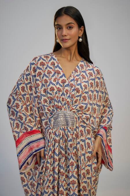 Nadima Saqib Ivory Crepe Sequins V-neck Work Printed Kaftan Online at Aza Fashions Nadima Saqib_Ivory Crepe Sequins V-neck Work Printed Kaftan _Online_at_Aza_Fashions
