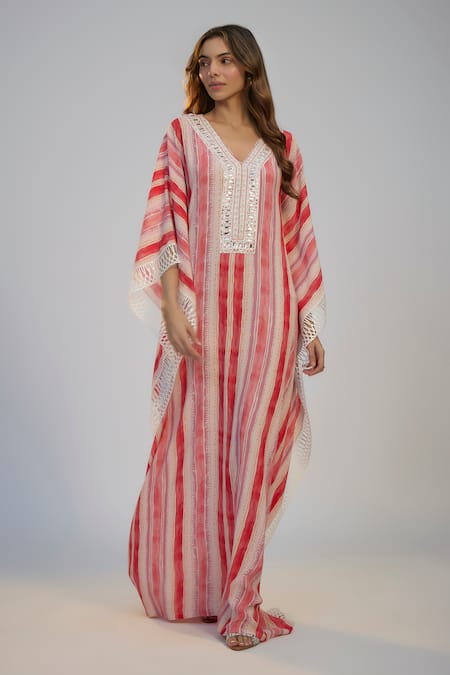 Nadima Saqib Pink Cotton Embroidery V-neck Pastel Striped Kaftan