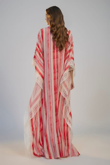 Shop_Nadima Saqib_Pink Cotton Embroidery V-neck Pastel Striped Kaftan _at_Aza_Fashions
