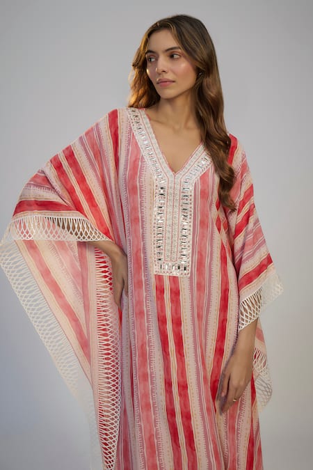 Nadima Saqib_Pink Cotton Embroidery V-neck Pastel Striped Kaftan _Online_at_Aza_Fashions