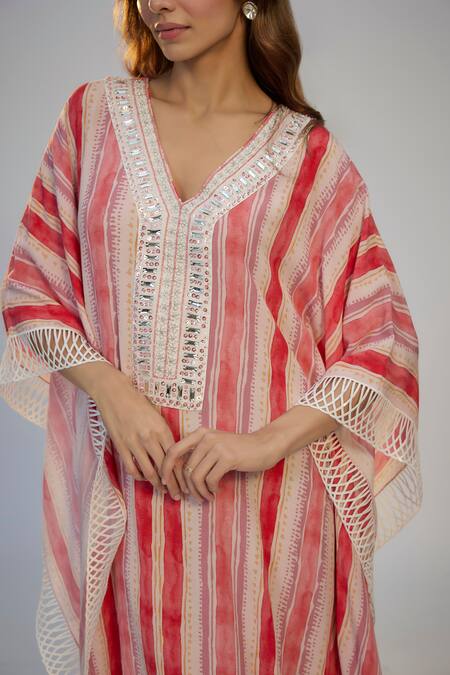 Buy_Nadima Saqib_Pink Cotton Embroidery V-neck Pastel Striped Kaftan _Online_at_Aza_Fashions
