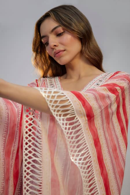 Shop_Nadima Saqib_Pink Cotton Embroidery V-neck Pastel Striped Kaftan _Online_at_Aza_Fashions