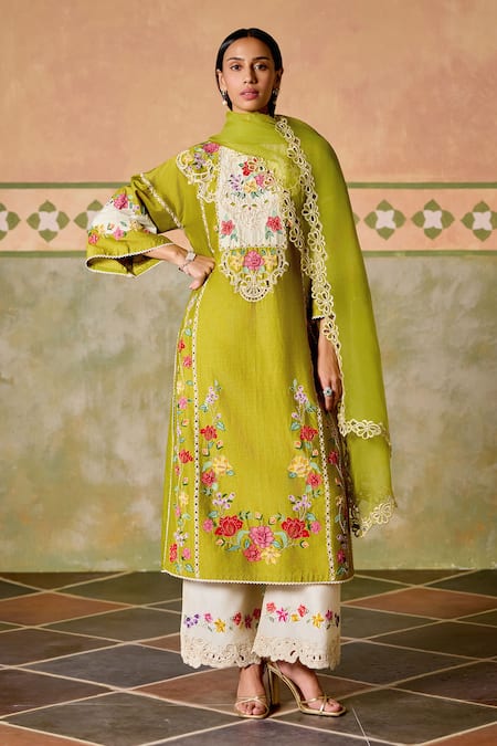 Chandrima Olive Green Silk Organza Embroidery Border Dupatta