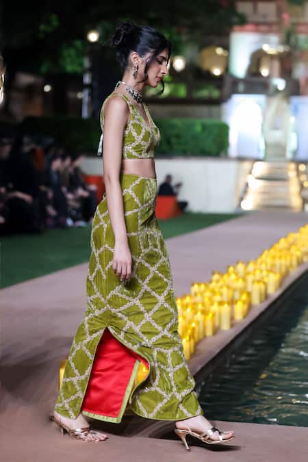 Punit Balana Velvet Embroidered Top & Skirt Set 