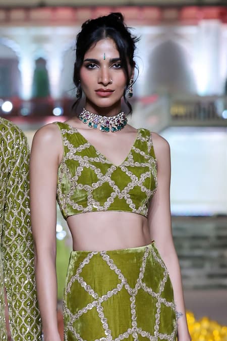 Punit Balana_Green Velvet Embroidery V-neck Top And Skirt Set _Online_at_Aza_Fashions