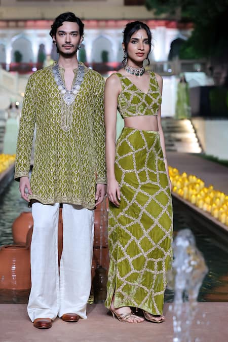 Punit Balana Velvet Embroidered Top & Skirt Set 