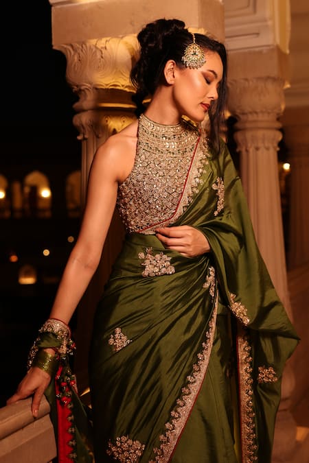 Punit Balana_Green Organza, , Chanderi Embroidery, Zari, Kaccha Aam Saree Set _Online_at_Aza_Fashions