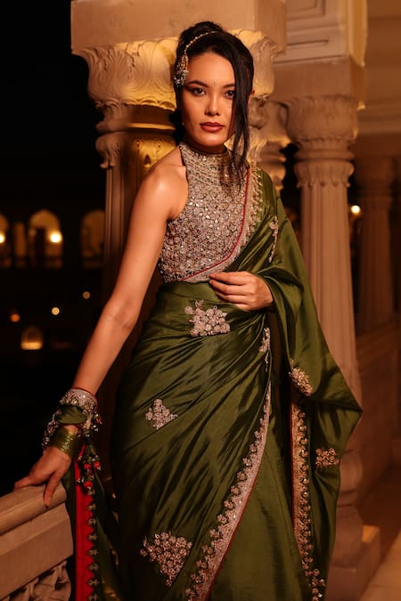 Buy_Punit Balana_Green Organza, , Chanderi Embroidery, Zari, Kaccha Aam Saree Set _Online_at_Aza_Fashions