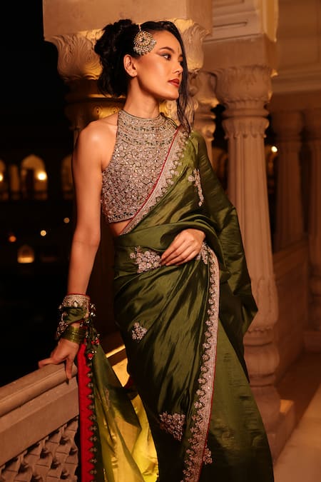 Shop_Punit Balana_Green Organza, , Chanderi Embroidery, Zari, Kaccha Aam Saree Set _Online_at_Aza_Fashions