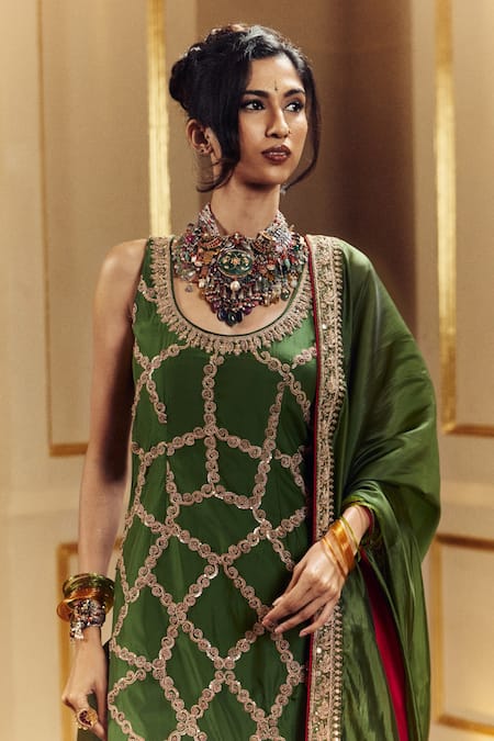 Punit Balana_Green Satin, Silk, Lycra, Organza Embroidery Round Neck Kaccha Aam Kurta Set _Online_at_Aza_Fashions
