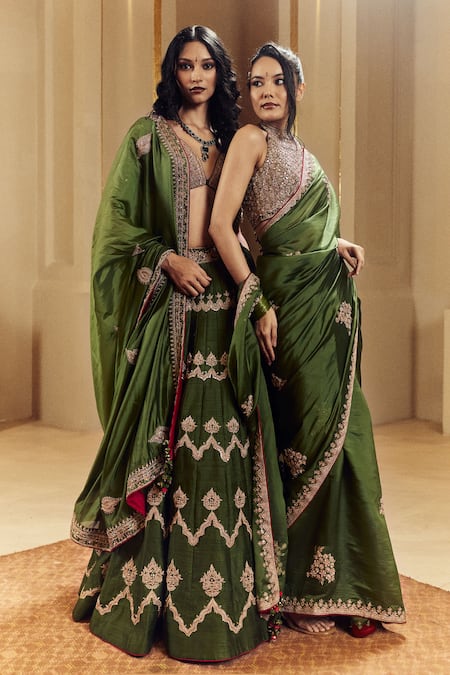 Punit Balana_Green Silk, Organza Embroidery, Zari V-neck Kaccha Aam Lehenga Set _Online_at_Aza_Fashions
