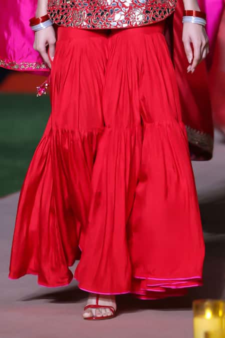 Punit Balana_Red Silk, Organza Embroidery, Mirrors Square Neck Surkh Laal Kurta Set _Online_at_Aza_Fashions