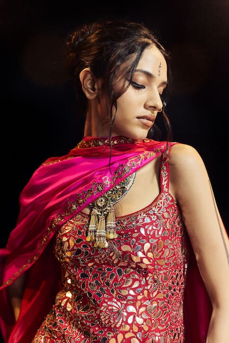 Punit Balana_Red Silk, Organza Embroidery, Mirrors Square Neck Surkh Laal Kurta Set _at_Aza_Fashions