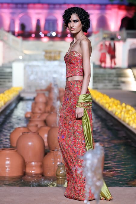 Punit Balana_Red Satin, Silk, Organza Embroidery, Sequins Sweetheart Amer Corset And Skirt Set _Online_at_Aza_Fashions