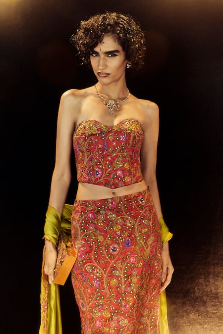 Buy_Punit Balana_Red Satin, Silk, Organza Embroidery, Sequins Sweetheart Amer Corset And Skirt Set _Online_at_Aza_Fashions