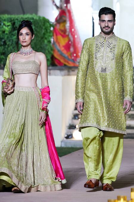 Punit Balana_Gold Tissue, Silk Organza Embroidery, Piping Sweetheart Neck Marodi Lehenga Set _Online_at_Aza_Fashions