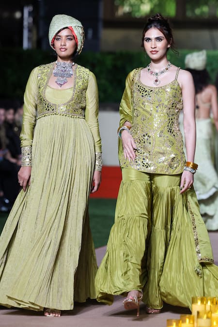 Punit Balana_Green Silk, Organza Foil Printing, Embroidery, Mirrors Noor Kurta And Gharara Set _Online_at_Aza_Fashions