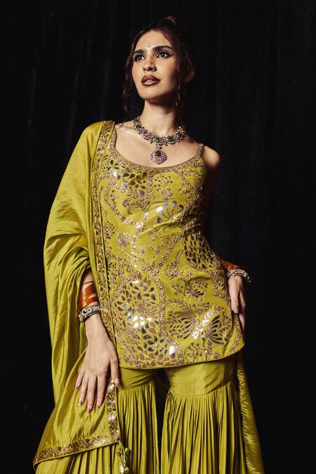 Buy_Punit Balana_Green Silk, Organza Foil Printing, Embroidery, Mirrors Noor Kurta And Gharara Set _Online_at_Aza_Fashions