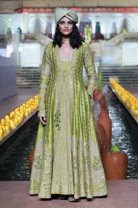 Punit Balana Green Silk Mirrors, Embroidery V-neck Rani Sa Anarkali