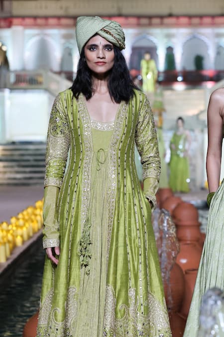 Punit Balana_Green Silk Mirrors, Embroidery V-neck Rani Sa Anarkali _Online_at_Aza_Fashions