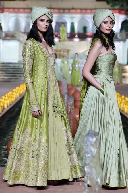 Buy_Punit Balana_Green Silk Mirrors, Embroidery V-neck Rani Sa Anarkali _Online_at_Aza_Fashions