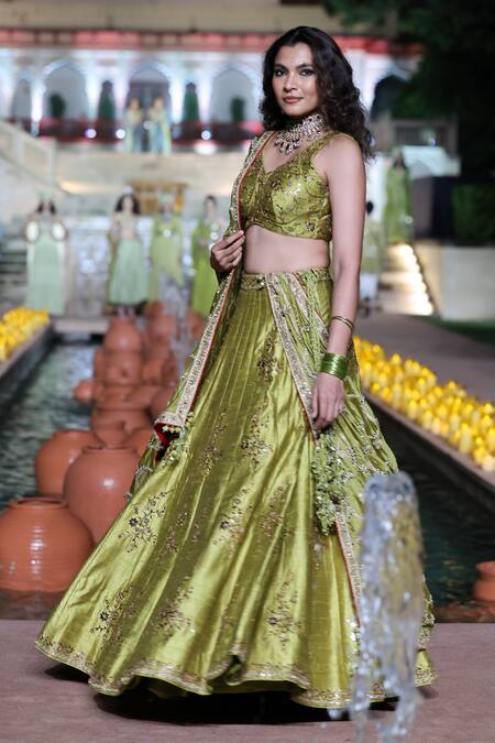 Punit Balana_Green Silk, Organza Embroidery, Foil Printing, The Rani Sa Heena Lehenga Set _Online_at_Aza_Fashions