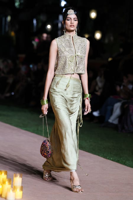 Punit Balana_Green Satin, Silk, Tissue Embroidery, Marodi Embellished Waistcoat And Skirt Set _Online_at_Aza_Fashions