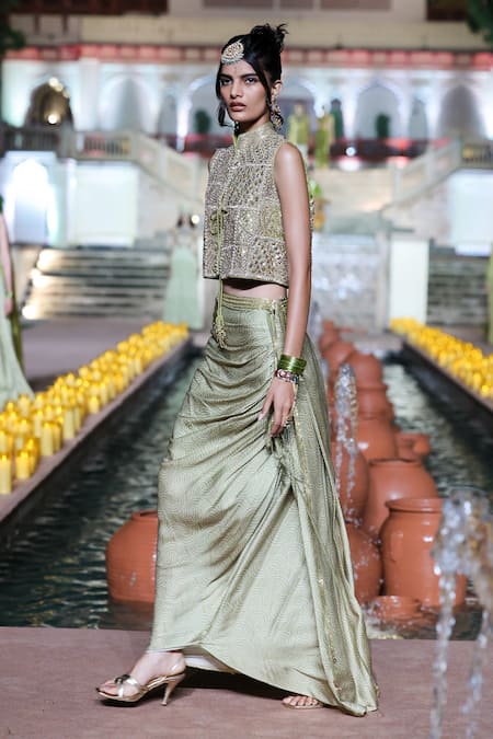 Buy_Punit Balana_Green Satin, Silk, Tissue Embroidery, Marodi Embellished Waistcoat And Skirt Set _Online_at_Aza_Fashions