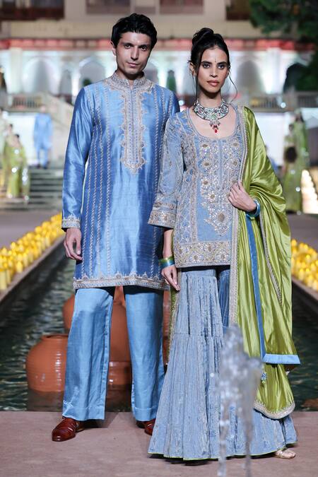 Punit Balana_Blue Tissue, Silk, Organza Embroidery Scoop Neck Noor Kurta And Gharara Set _Online_at_Aza_Fashions