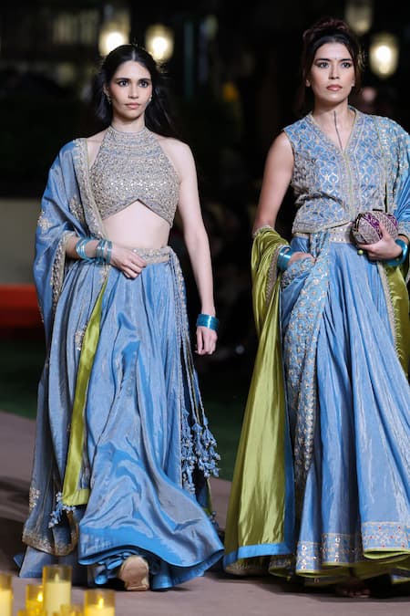 Punit Balana_Blue Tissue, Silk Embroidery, Zari, Sequins Halter Neck Saleti Amer Lehenga Set _Online_at_Aza_Fashions