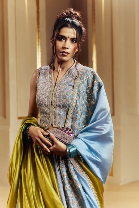 Punit Balana_Blue Tissue, Organza Embroidery, Applique Amer Koti Jacket And Lehenga Set _Online_at_Aza_Fashions