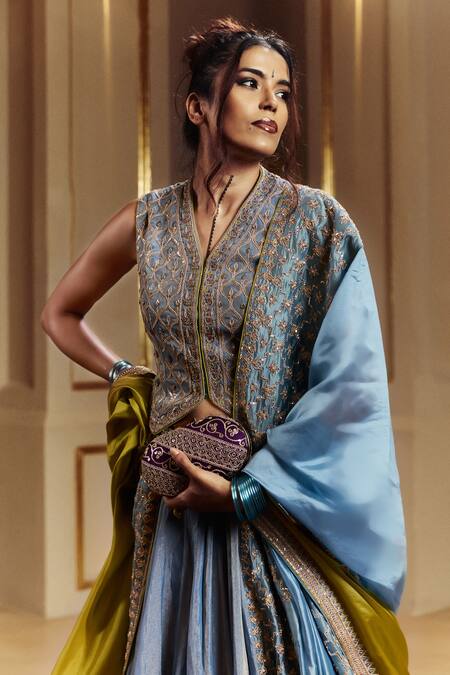 Buy_Punit Balana_Blue Tissue, Organza Embroidery, Applique Amer Koti Jacket And Lehenga Set _Online_at_Aza_Fashions