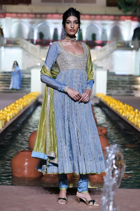 Punit Balana_Blue Tissue, Silk, Organza, Satin Embroidery, Zari Scoop Saleti Anarkali Set _Online_at_Aza_Fashions