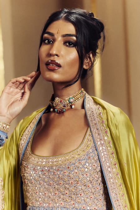 Buy_Punit Balana_Blue Tissue, Silk, Organza, Satin Embroidery, Zari Scoop Saleti Anarkali Set _Online_at_Aza_Fashions